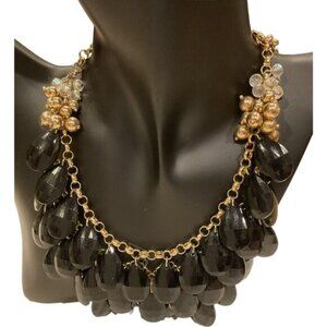 Bib Statement Necklace With Black Teardrop Beads & Gold Chain
